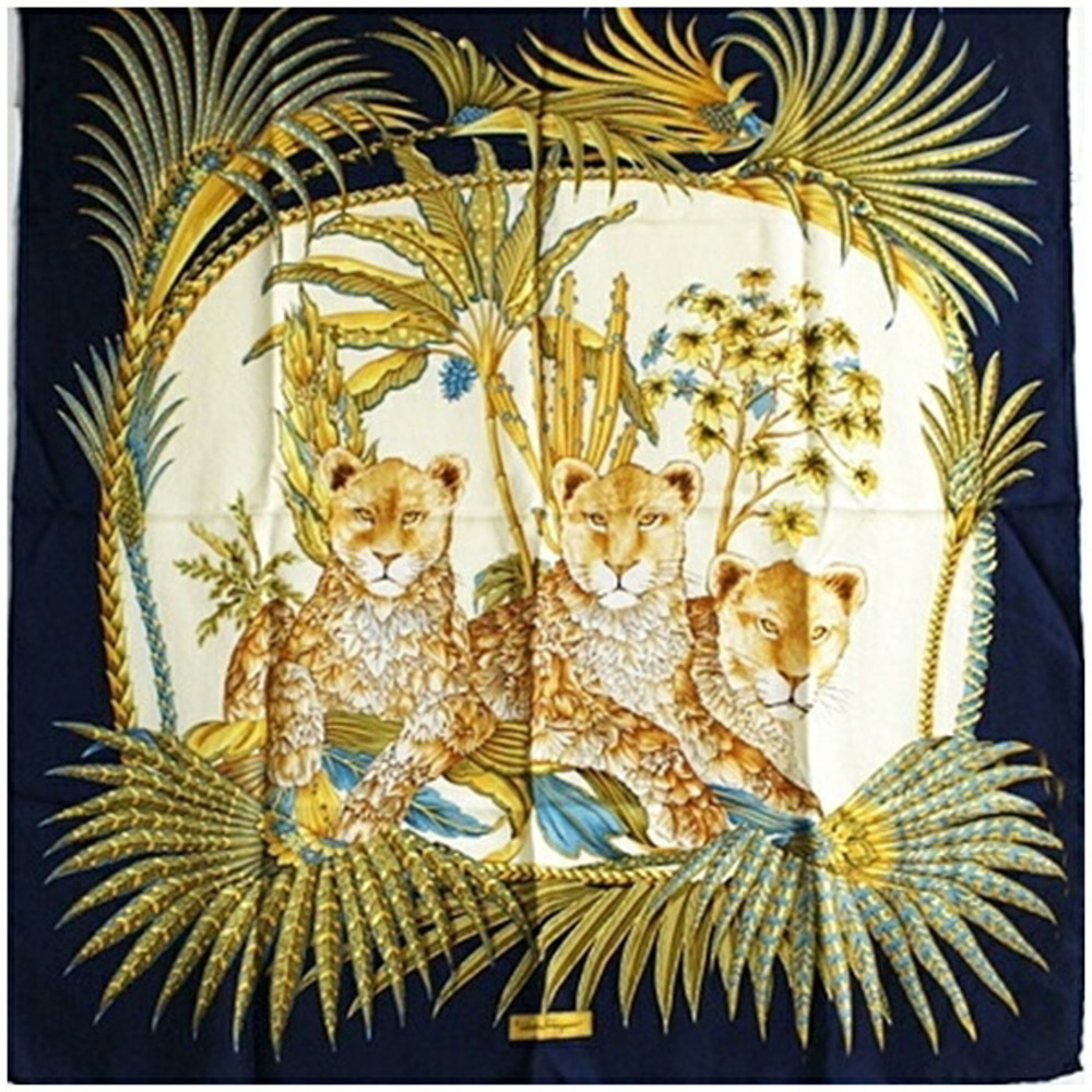Salvatore Ferragamo Silk Scarf/Muffler, Navy x Ivory, Animal Print, Ferragamo...